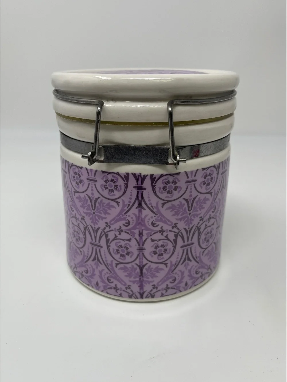 Vintage Purple Floral Ceramic Jar Canister Storage Container Wire Metal Clamp